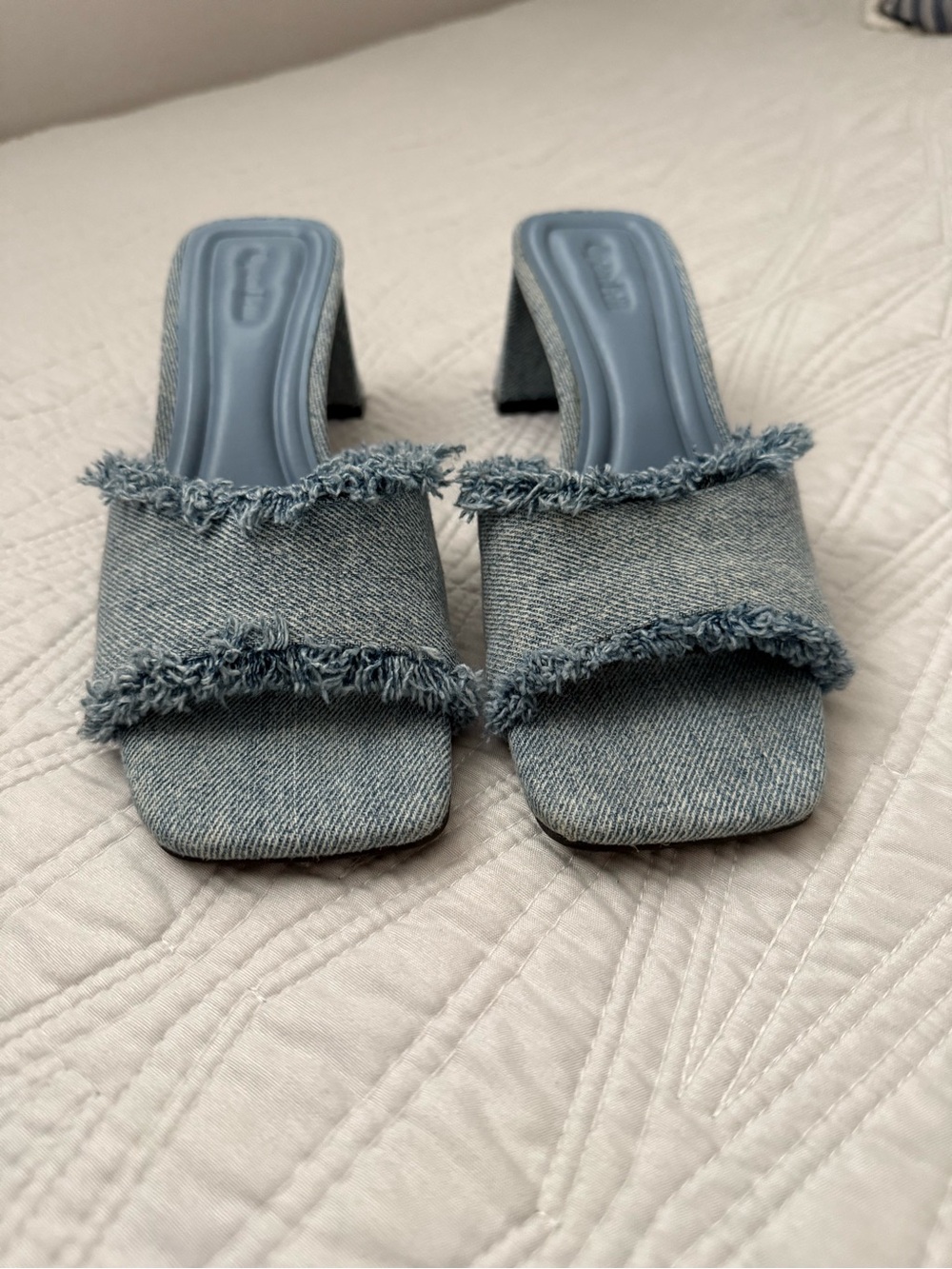 Open Edit Frayed Denim Block Heel Mules - Blue - Picture 2 of 6